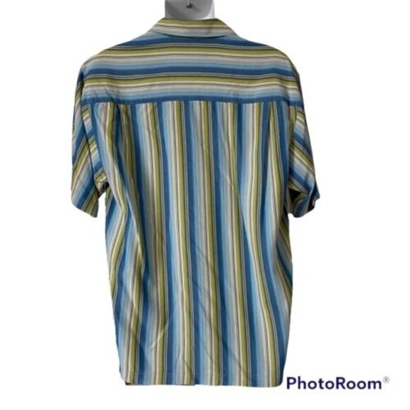 Tommy Bahama Men's Shirt Medium Silk Blue Green Stripe Short Sleeve - Picture 3 of 4
